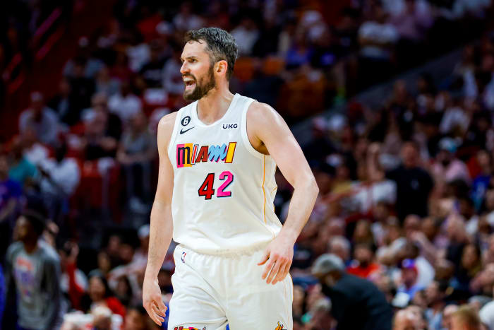 Mar 1, 2023; Miami, Florida, USA; Miami Heat forward Kevin Love (42) reacts during the third quarter against the Philadelphia 76ers at Miami-Dade Arena. Mandatory Credit: Sam Navarro-USA TODAY Sports